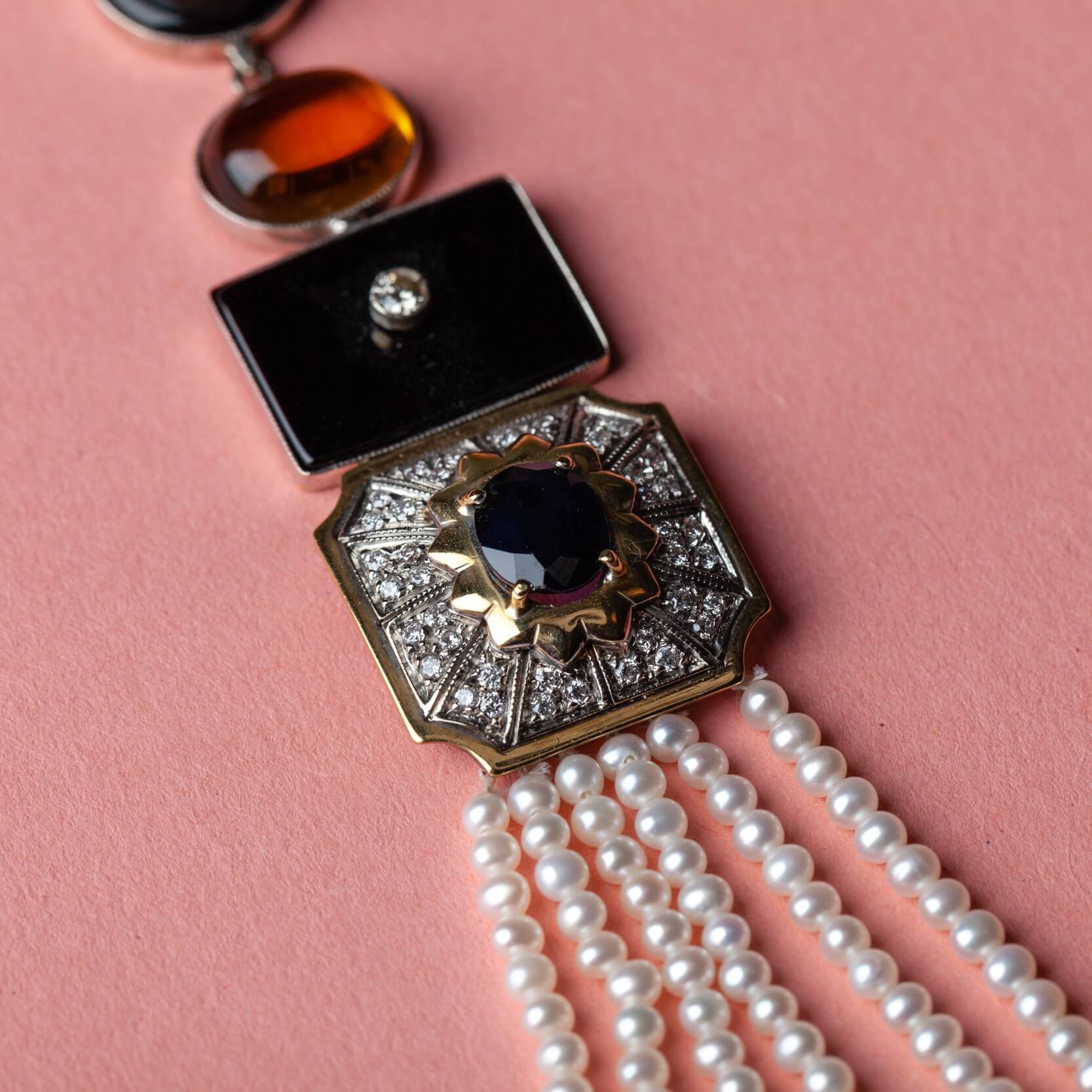 Złota kolia z brylantami, perłami, szafirem, cytrynem w stylu Art Deco, Vintage