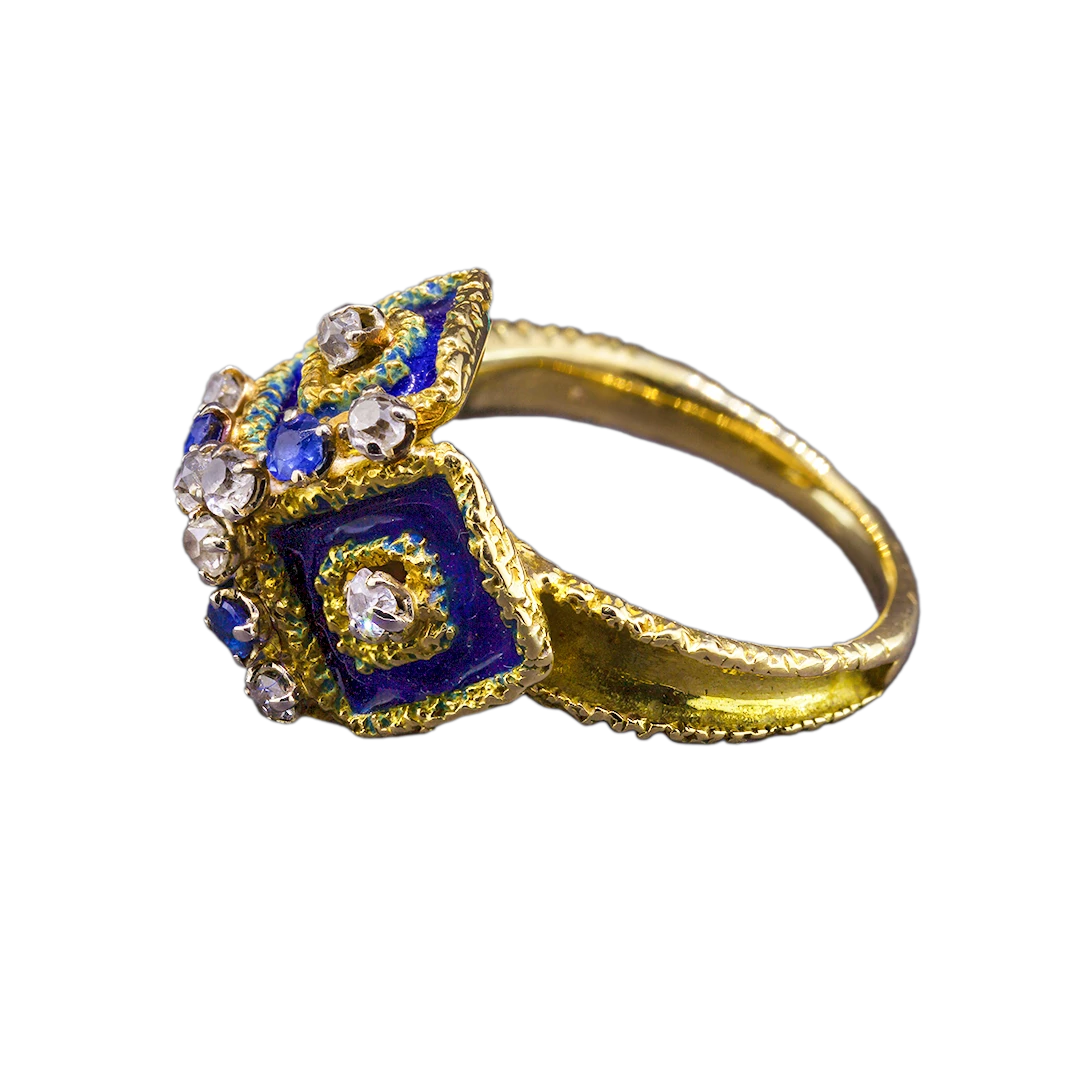 Gold ring with diamonds, sapphires and enamel, Vintage, France