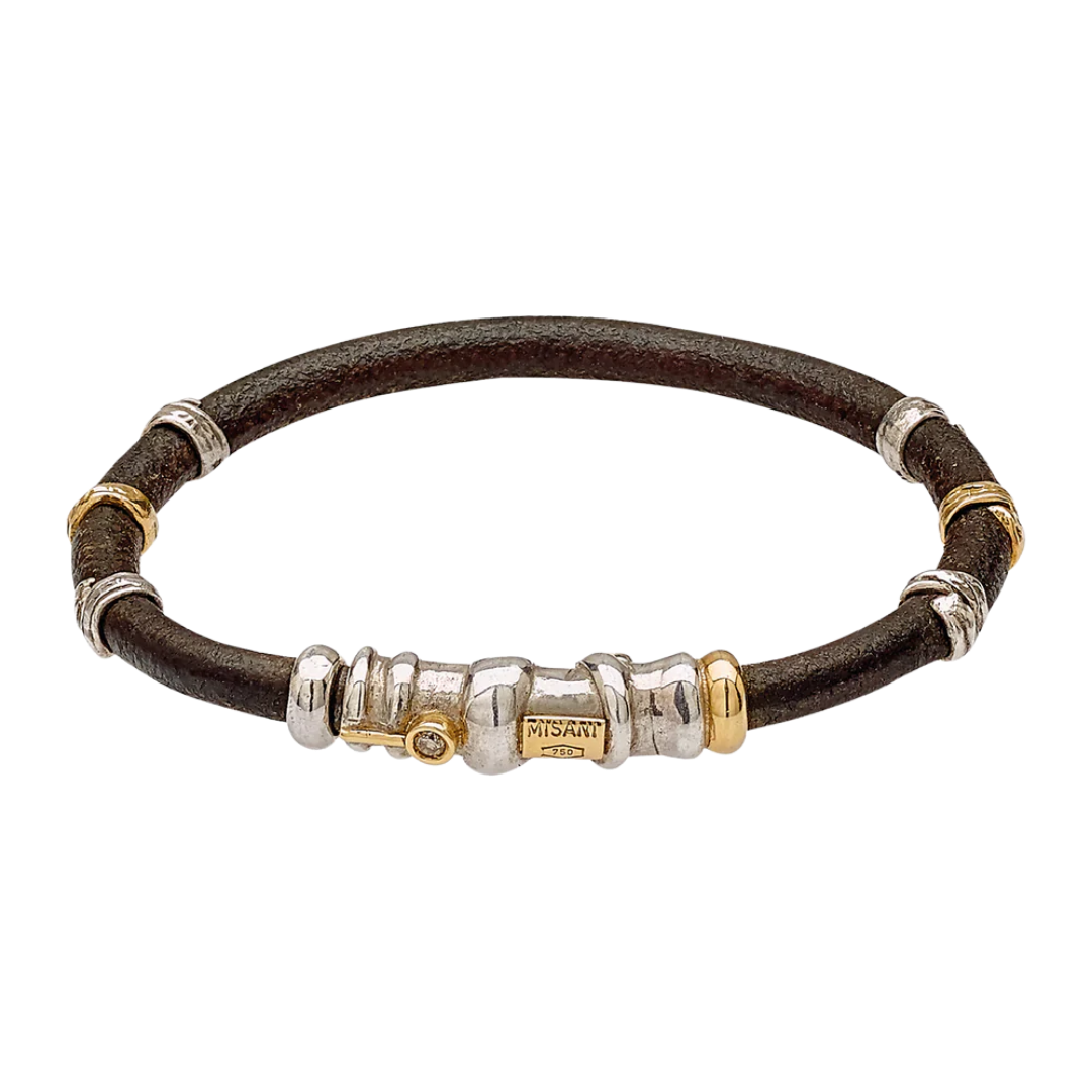 Leather bracelet with a diamond and silver and gold elements