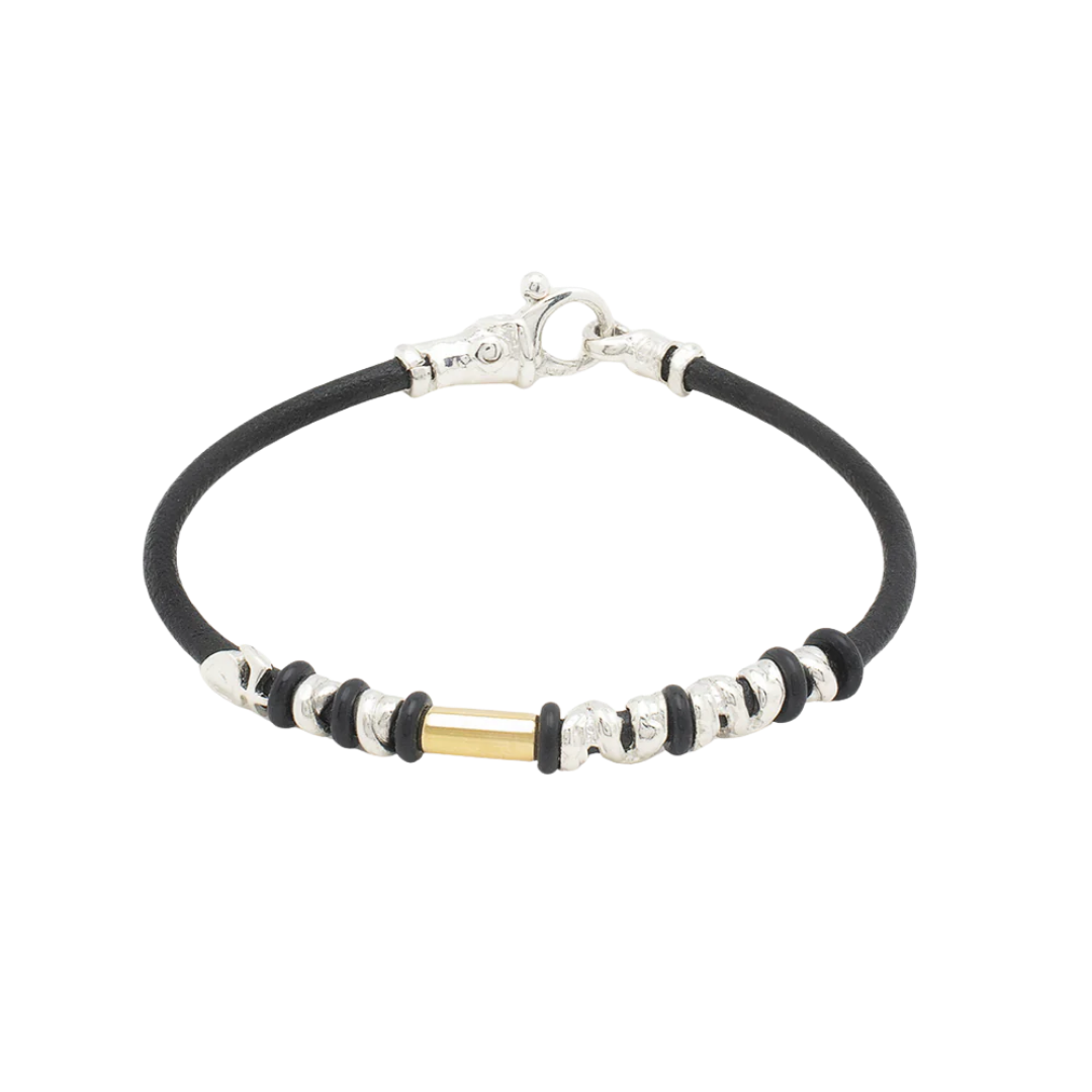 Leather bracelet with gold and silver elements