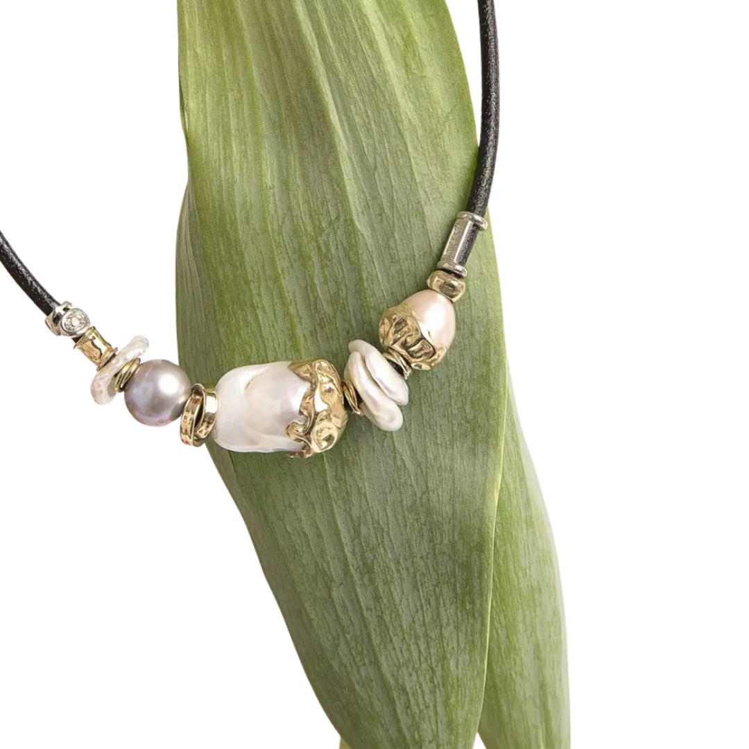 Leather necklace with baroque pearls and gold and silver elements