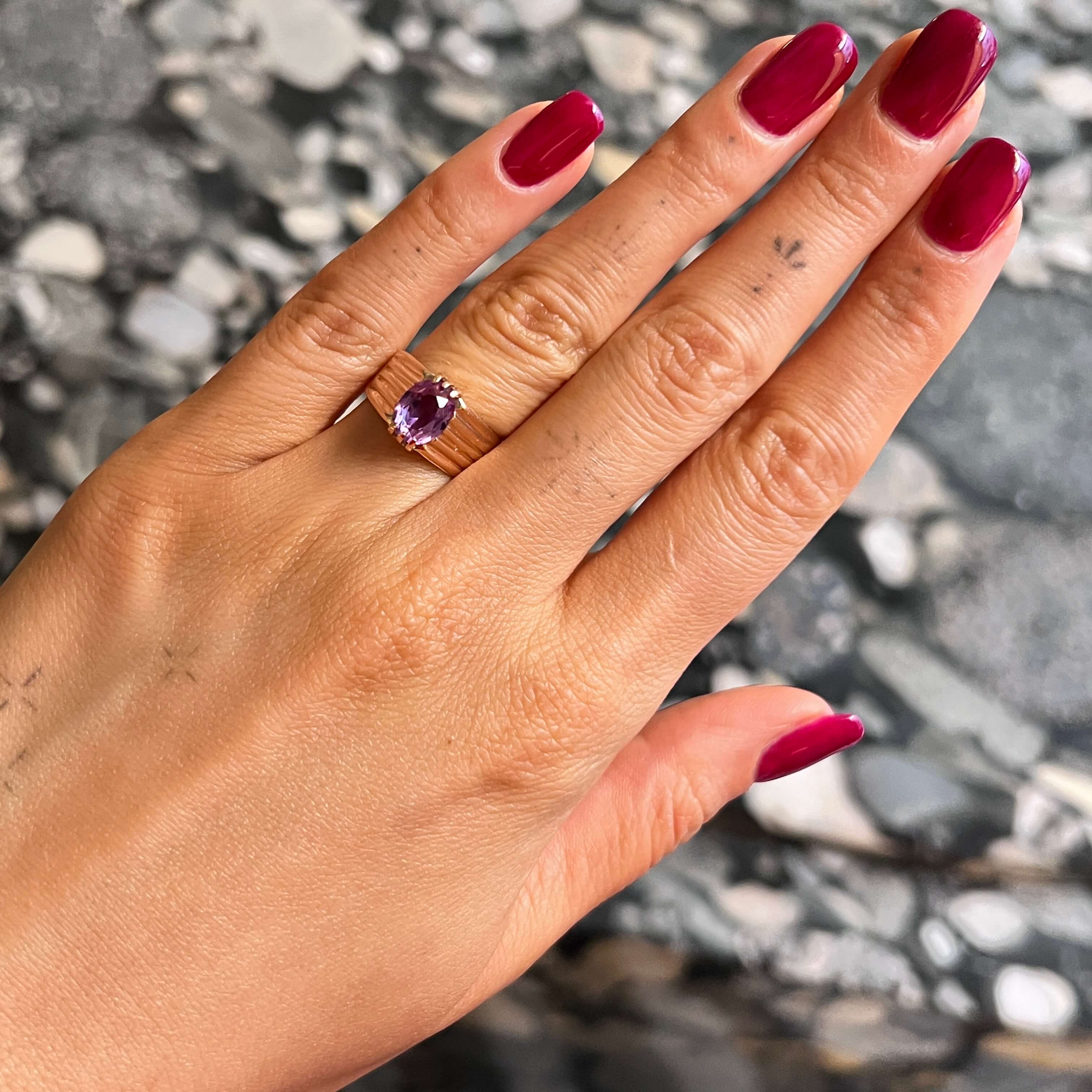 Gold ring with purple synthetic corundum, USSR, Vintage