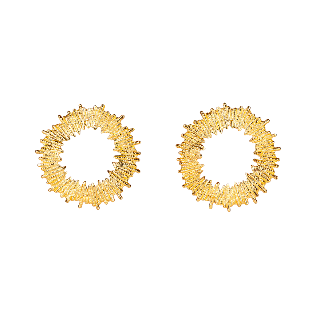 Gilded round sunburst bronze earrings
