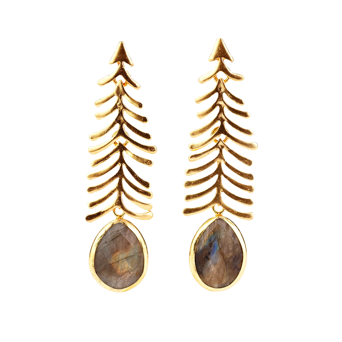 Gilded bronze dangle earrings with labradorite