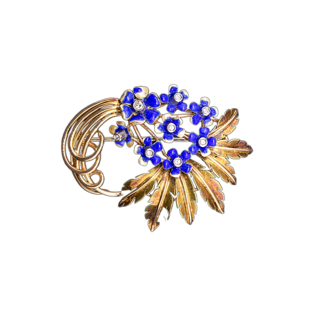 Gold brooch with diamonds and cobalt enamel, 1960s.