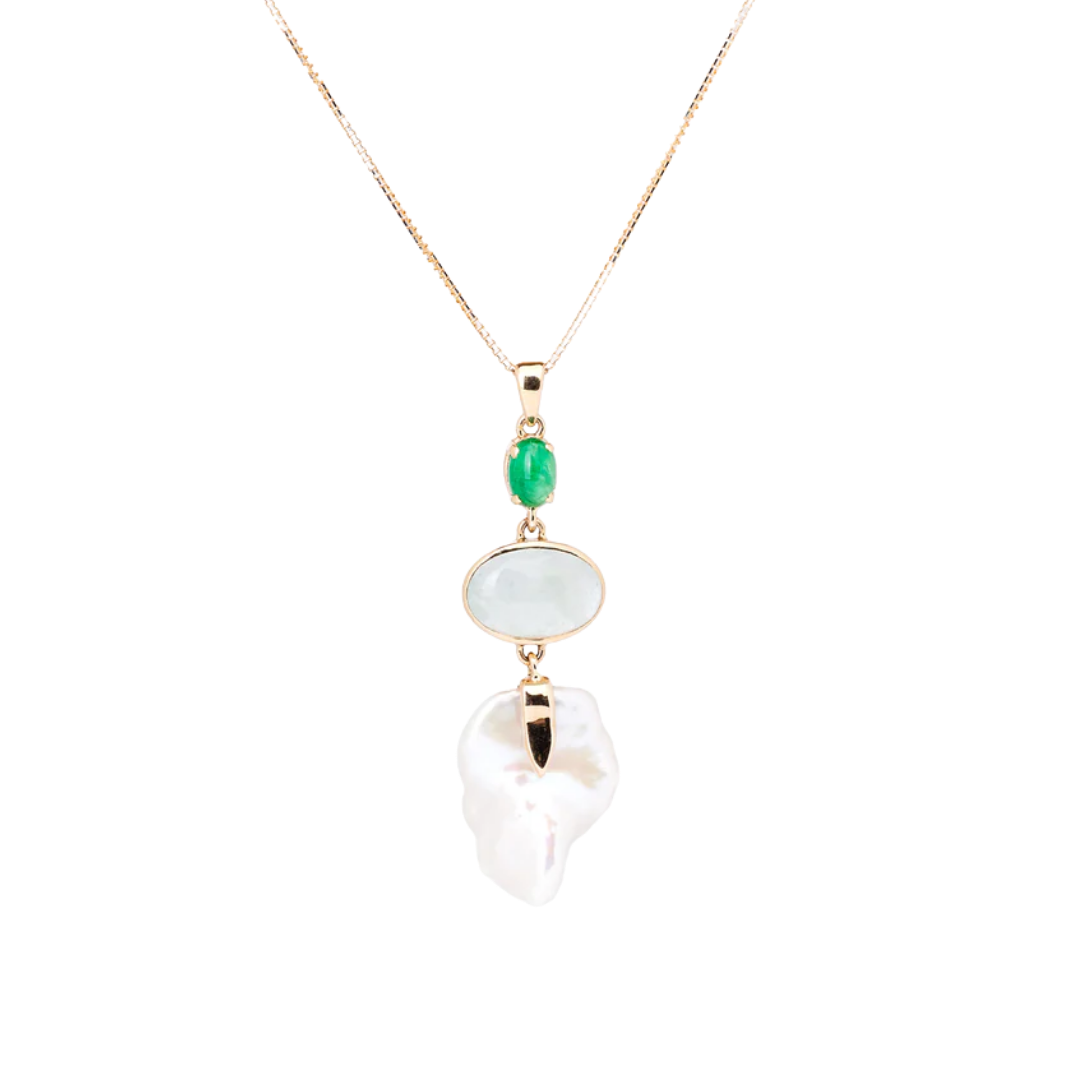 Złota zawieszka z perłą barokową, szmaragdem i berylem