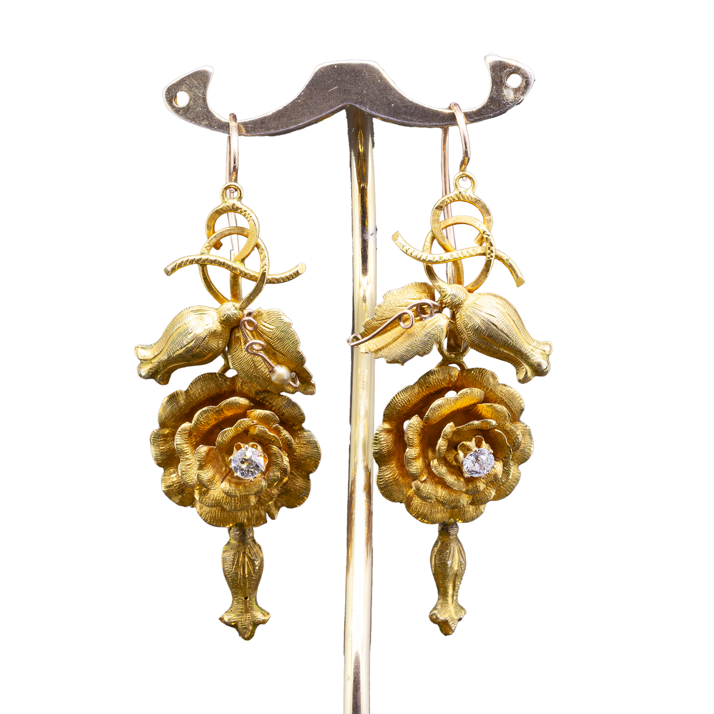 Złote kolczyki Day & Night z diamentami i motywem róży, Vintage