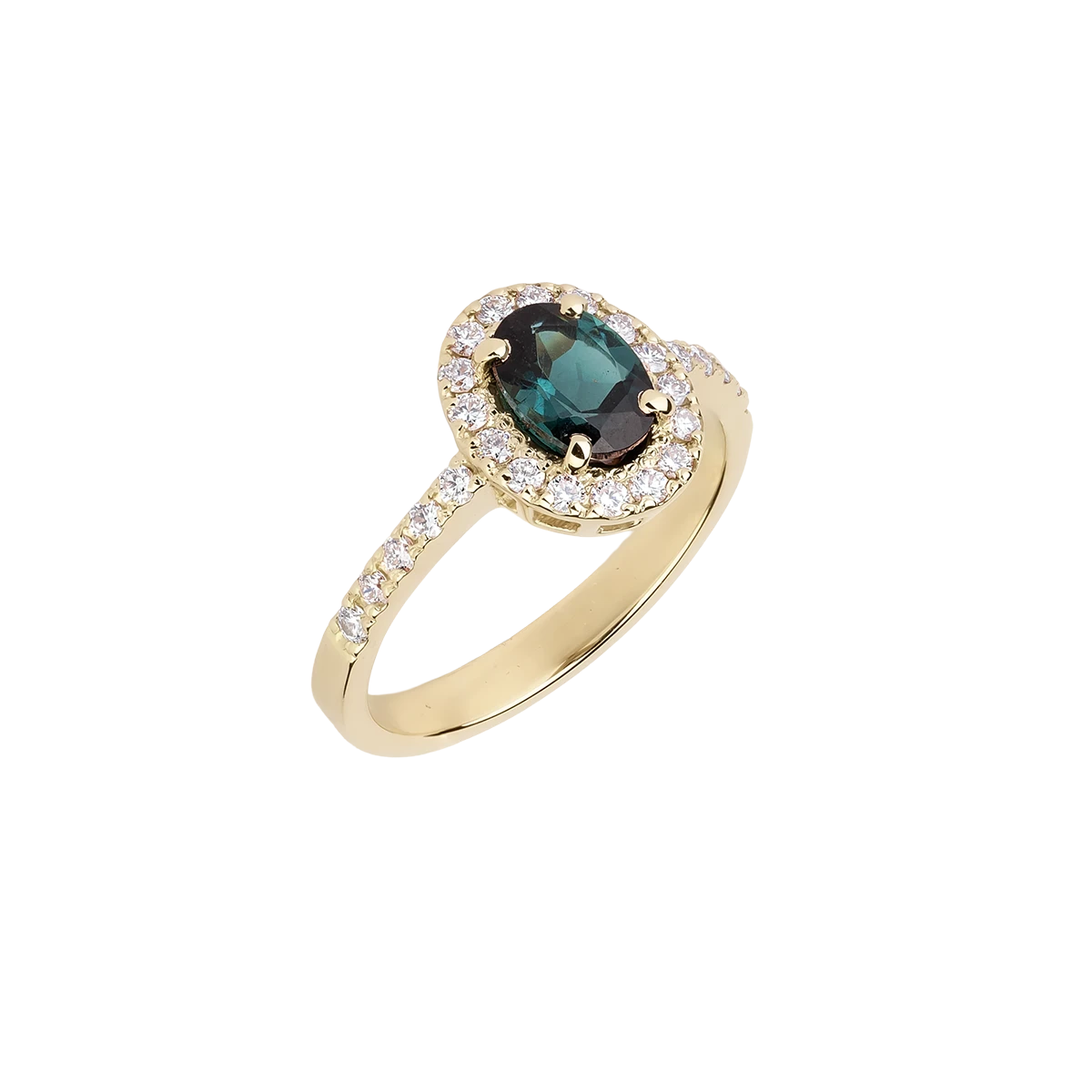 Gold ring with indigolite tourmaline and diamonds