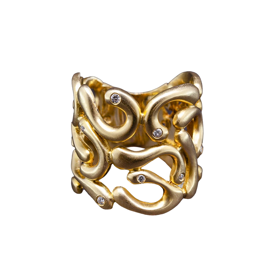 Gold openwork ring with diamonds, modern