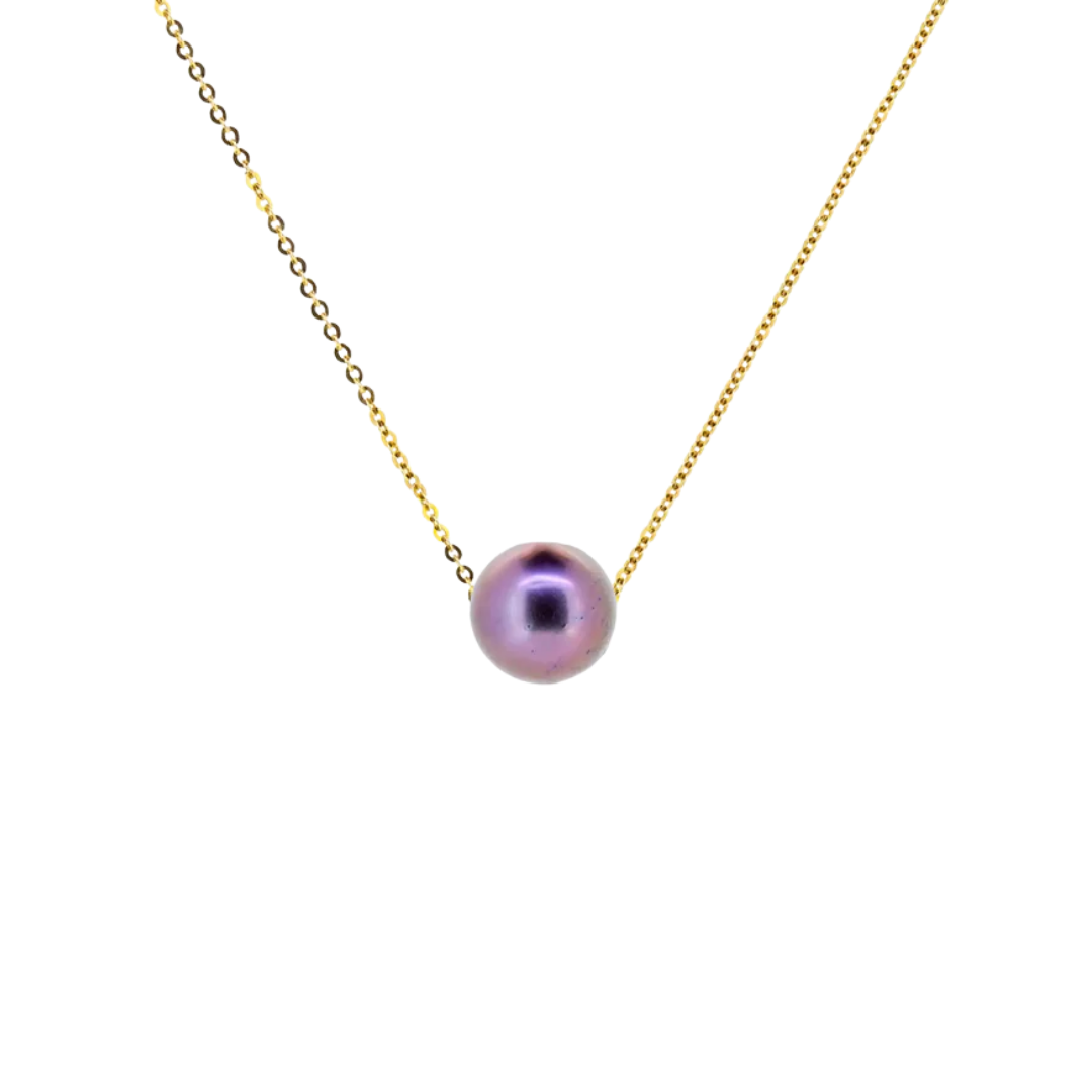 Golden necklace with a black currant-colored pearl