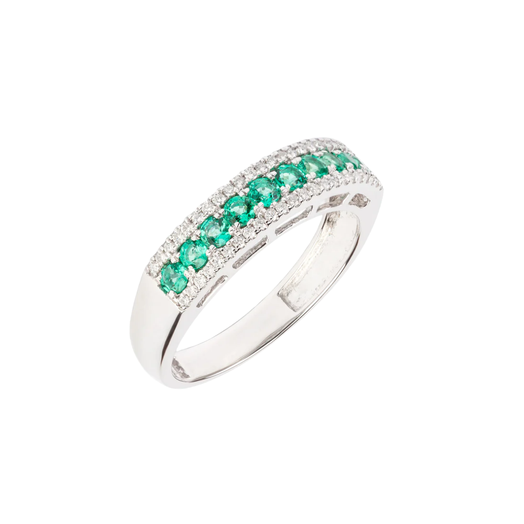 Gold ring - wedding band with diamonds and emeralds