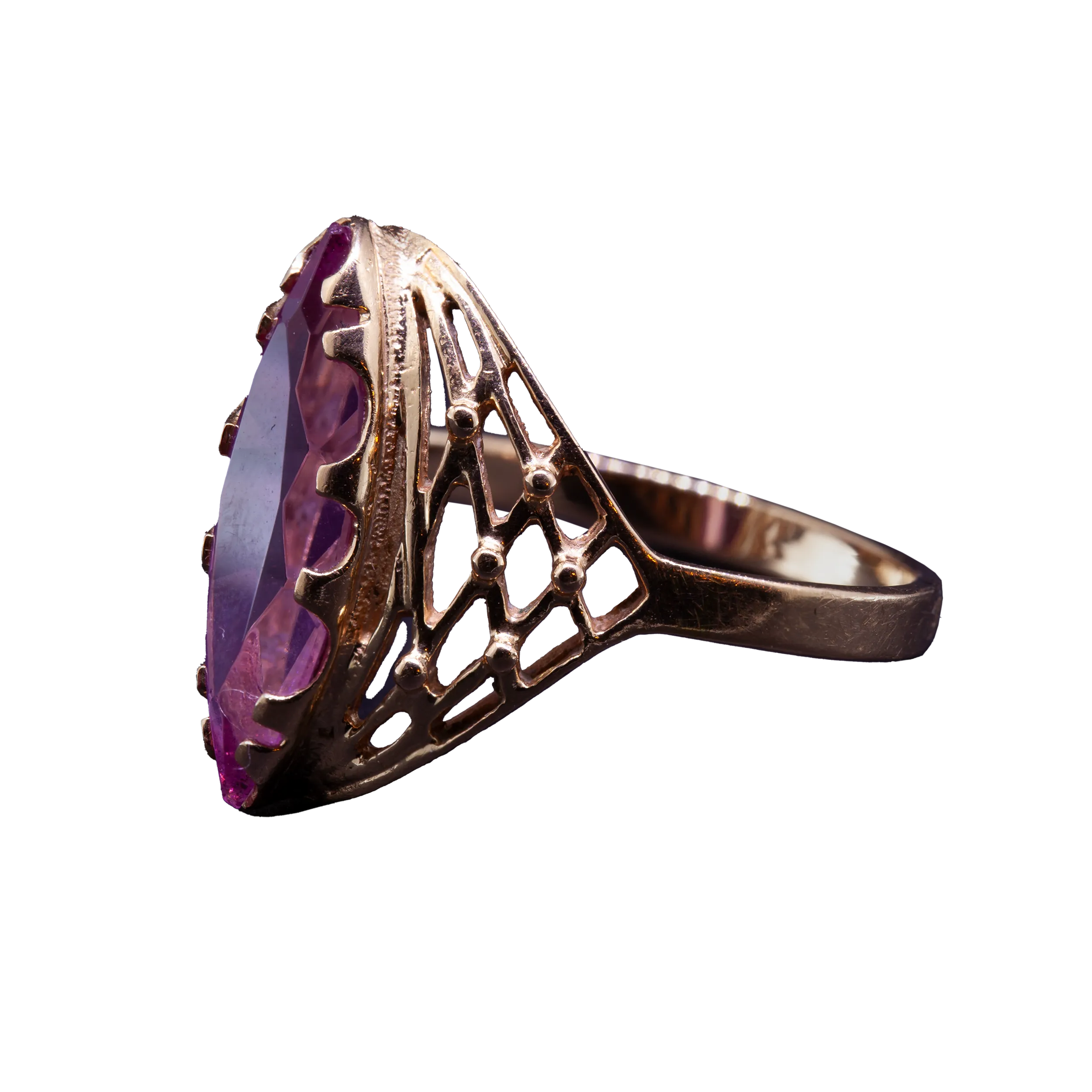 Openwork gold ring with pink stone, USSR