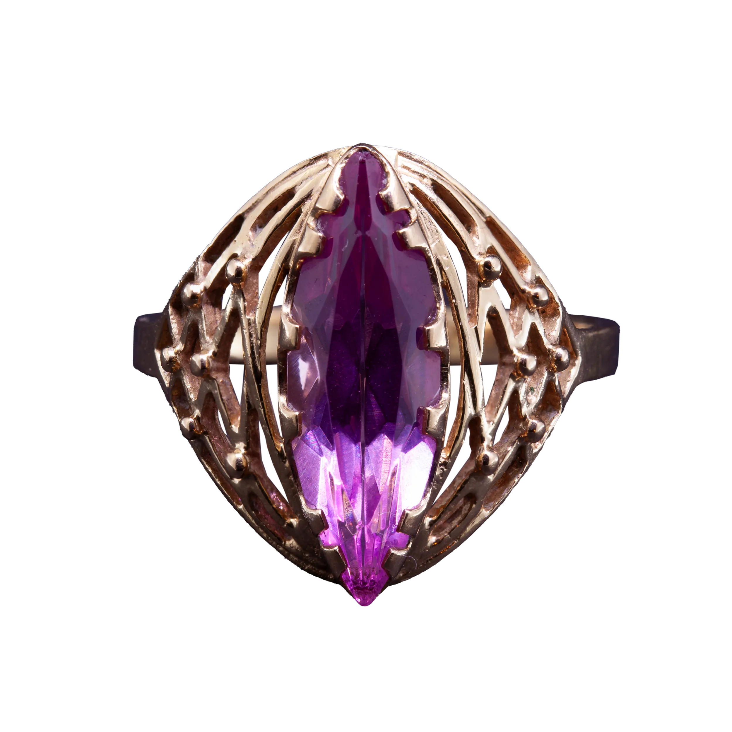 Openwork gold ring with pink stone, USSR