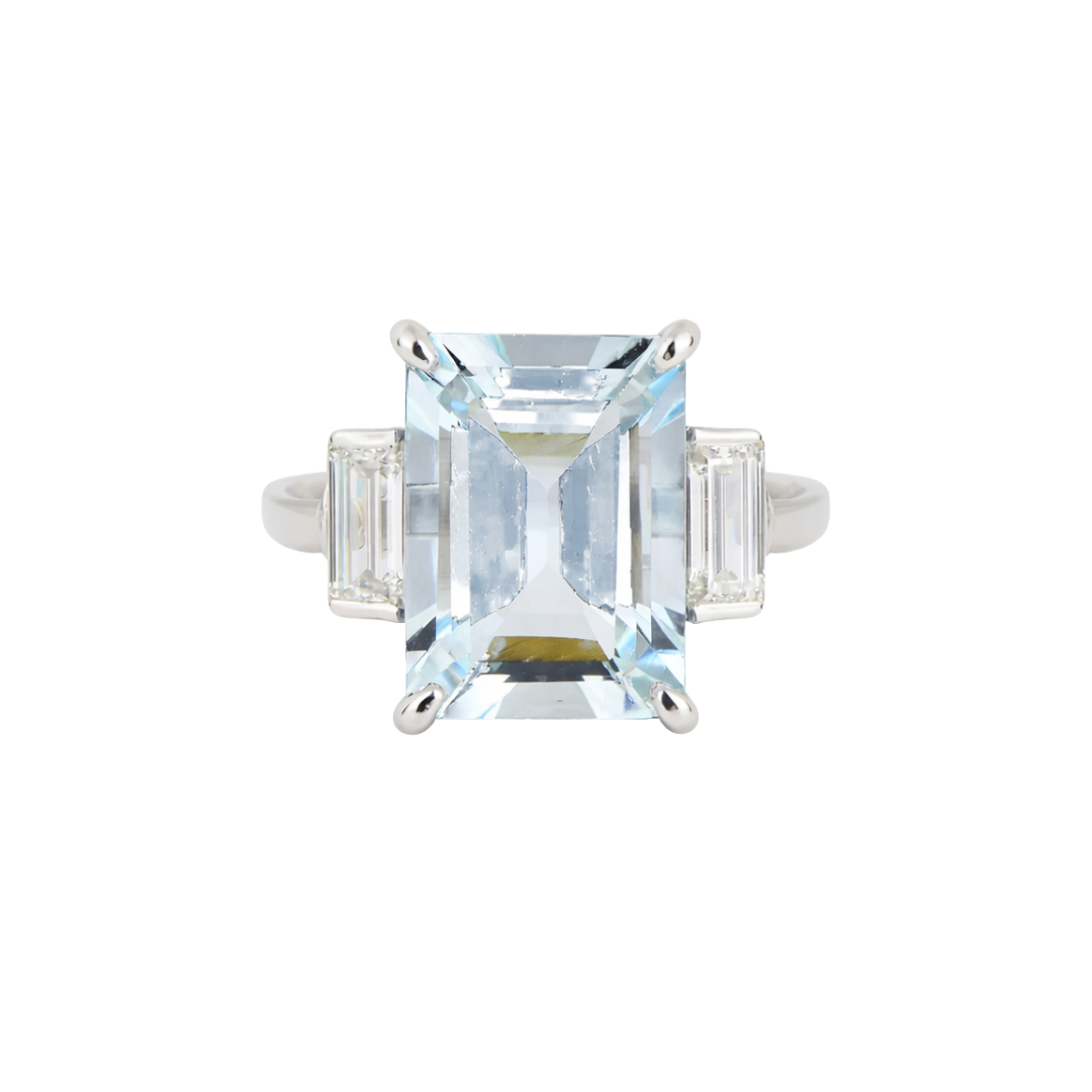 Złoty pierścionek z akwamarynem 6.70 ct i diamentami