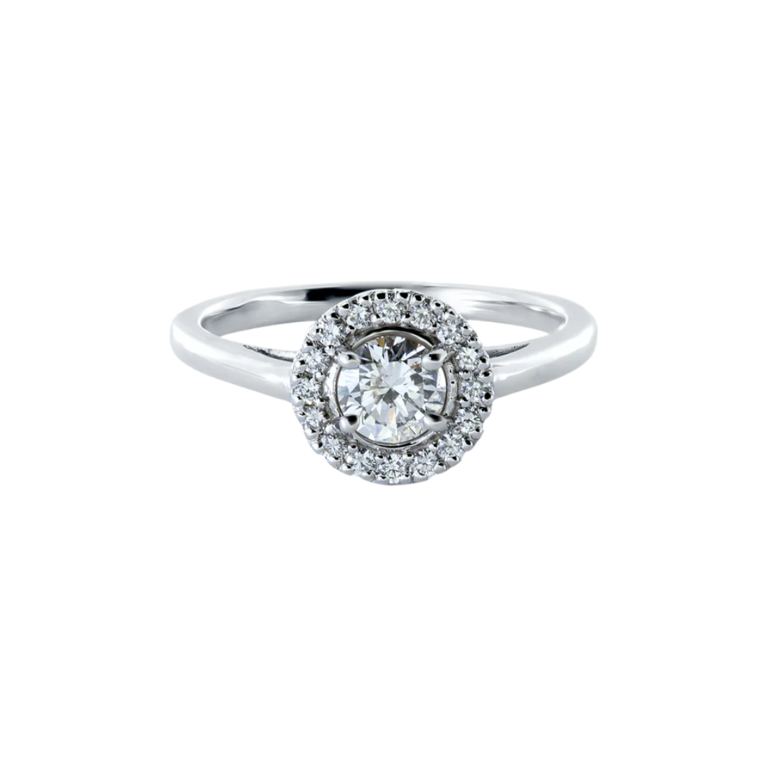 Diamond halo engagement ring in yellow gold