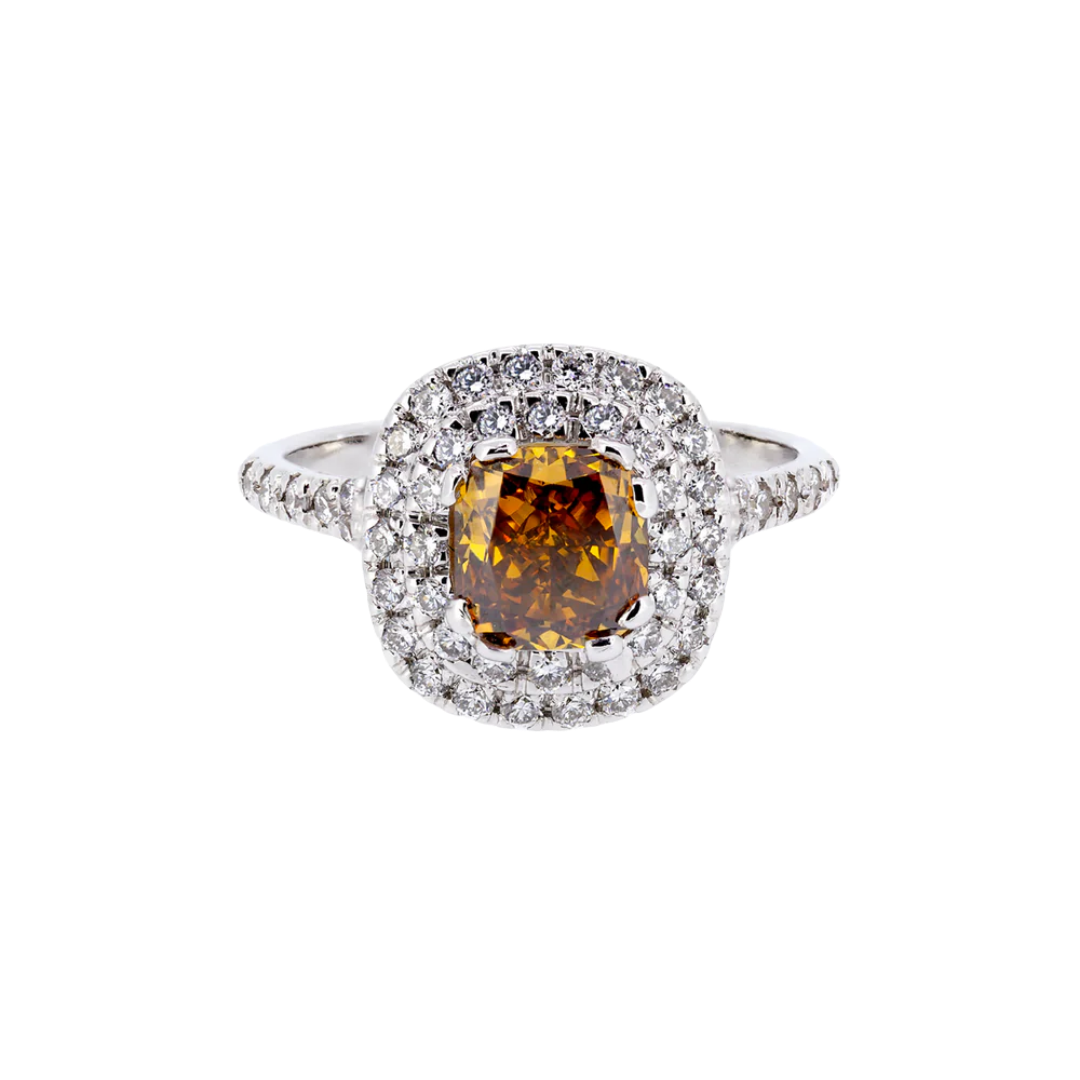 Gold ring with a brown Cushion cut diamond and brilliant cut diamonds