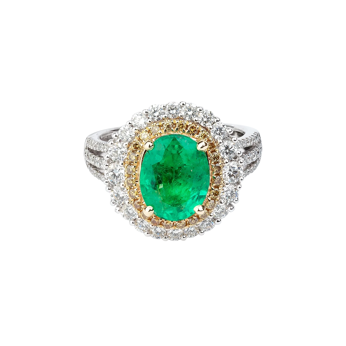 Gold ring with 1.20 ct diamonds and 2.12 ct Zambian emerald