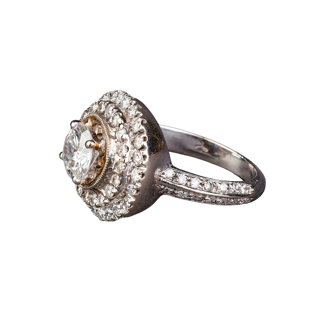 Gold ring with diamonds approx. 3 ct and double halo, Vintage