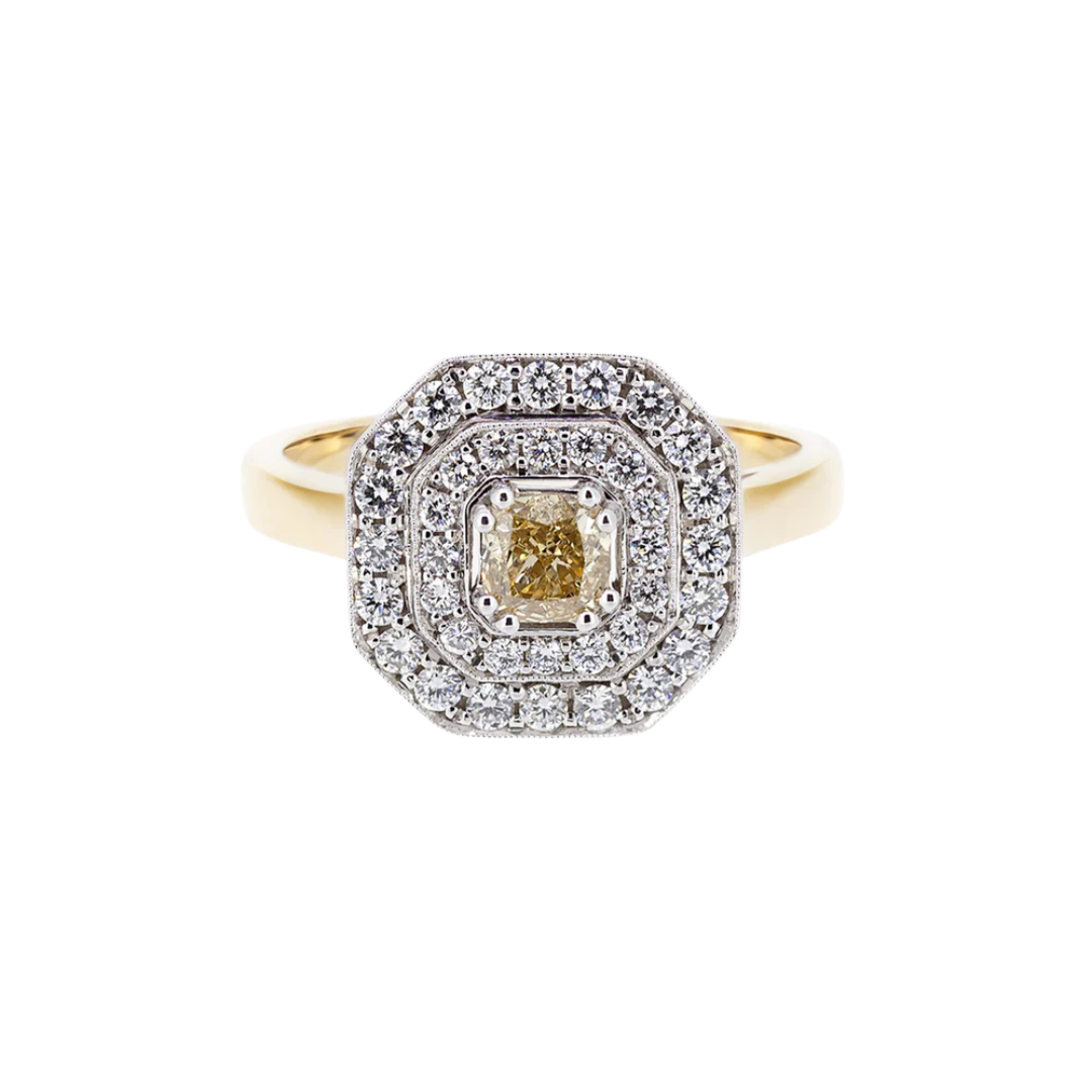 Złoty pierścionek z diamentem Fancy Yellow  i brylantami