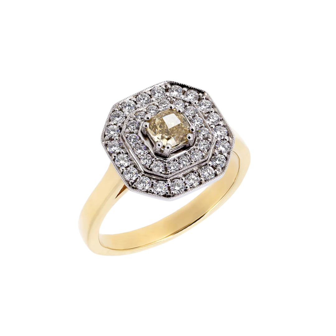 Gold ring with a Fancy Yellow diamond and brilliant-cut diamonds