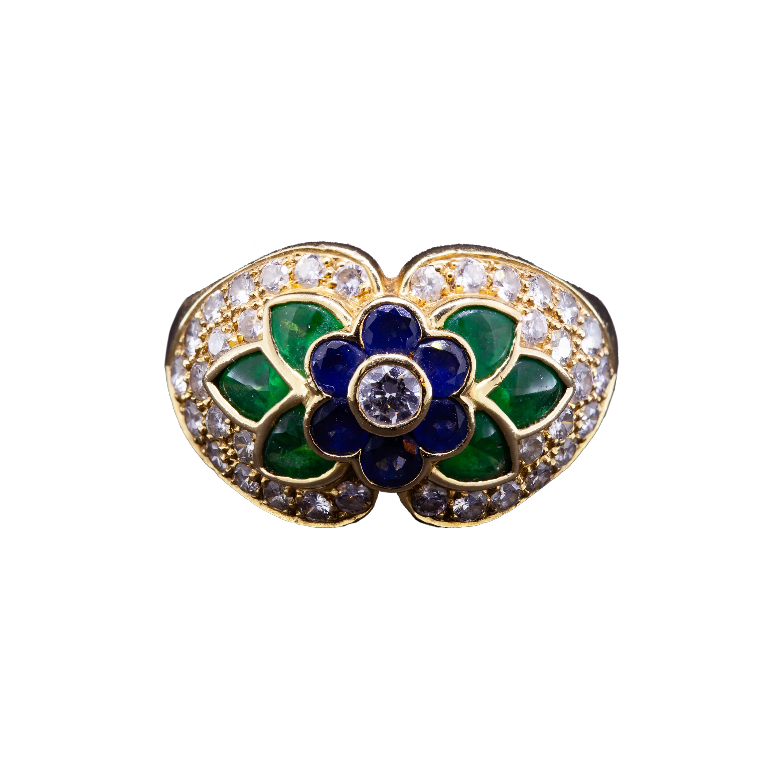 Złoty pierścionek z motywem kwiatowym z kamieni szlachetnych, Vintage, Francja