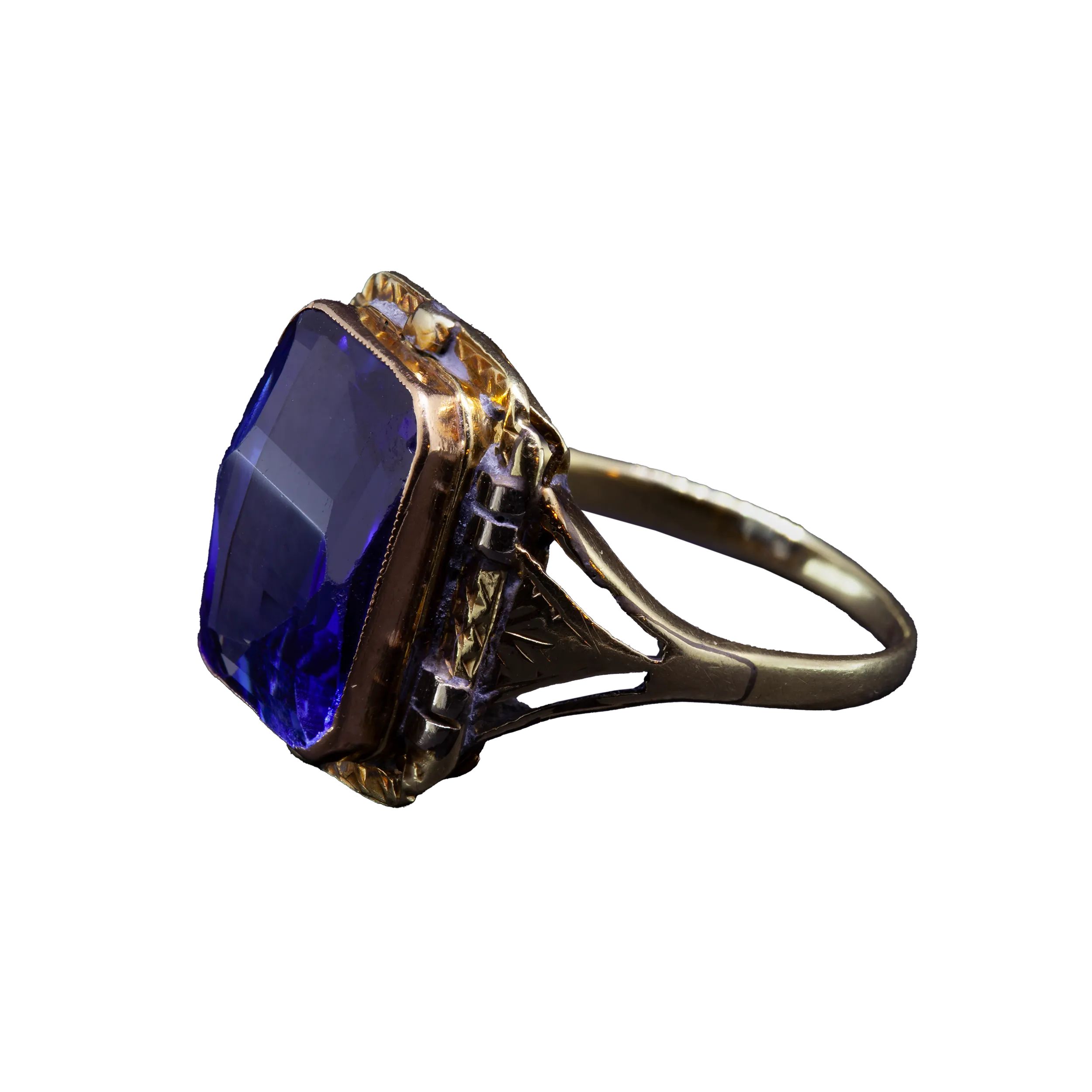 Złoty pierścionek z niebieskim szkłem, Art Deco