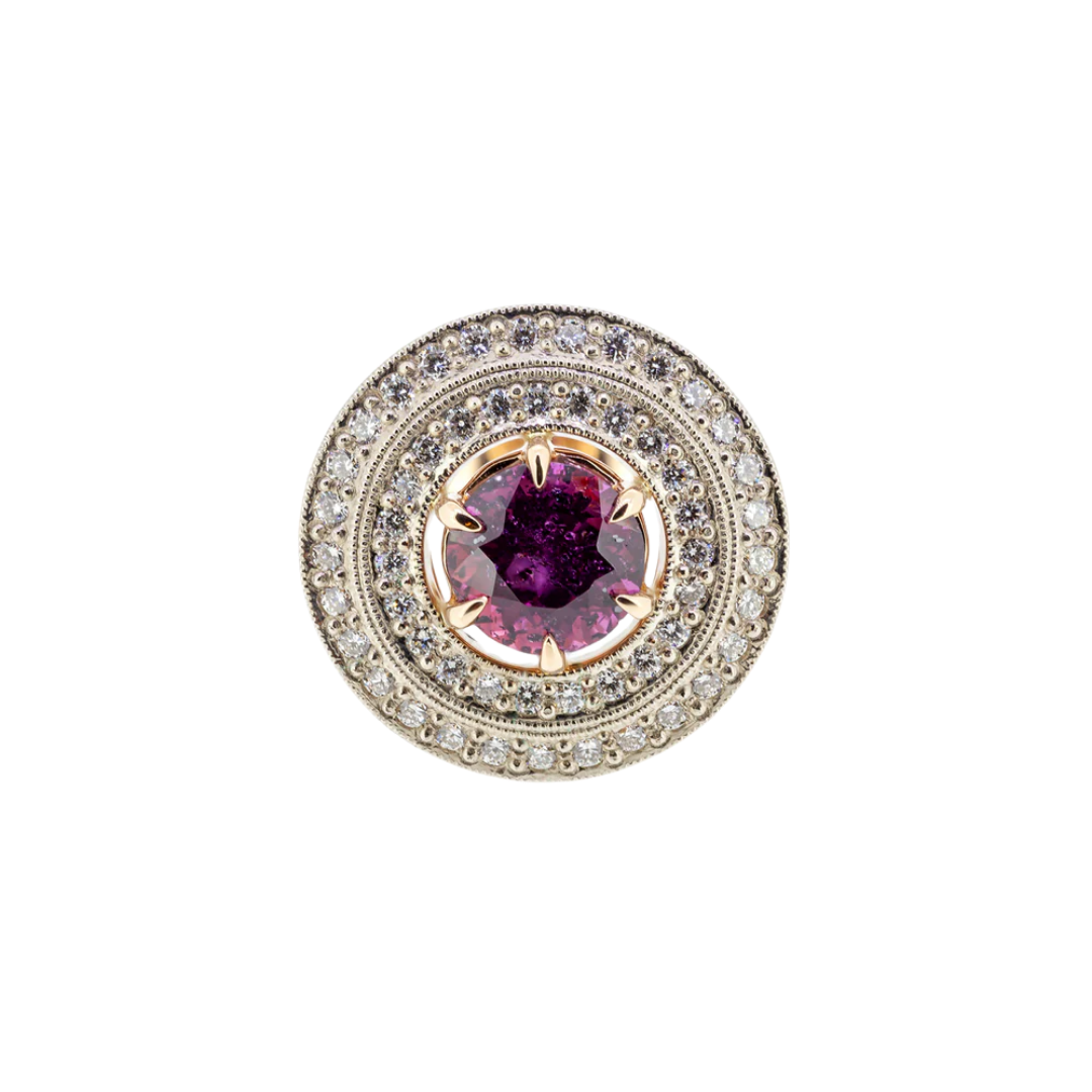 Złoty pierścionek z różowym szafirem 2 ct i brylantami