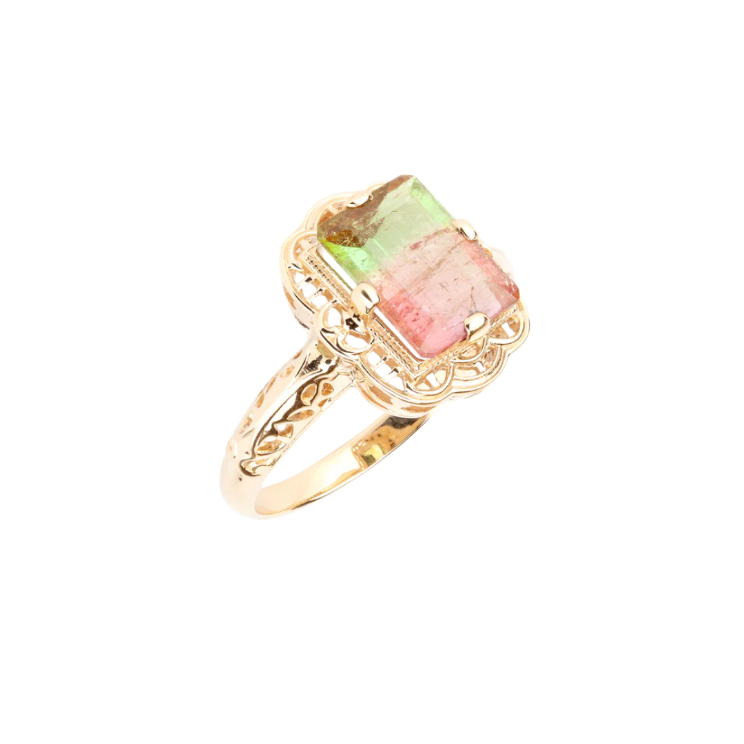 Retro style watermelon tourmaline gold ring