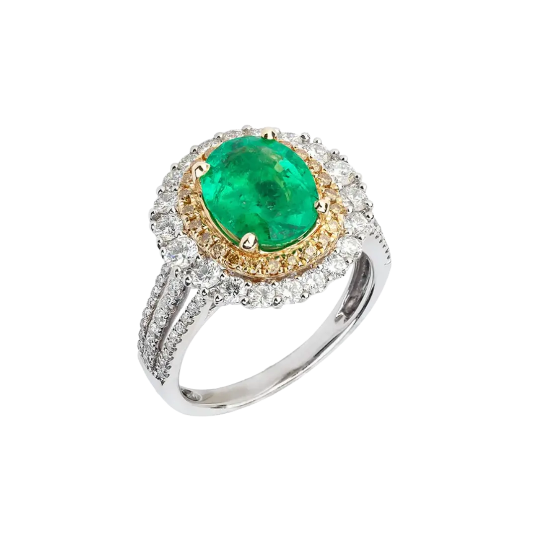 Gold ring with 1.20 ct diamonds and 2.12 ct Zambian emerald