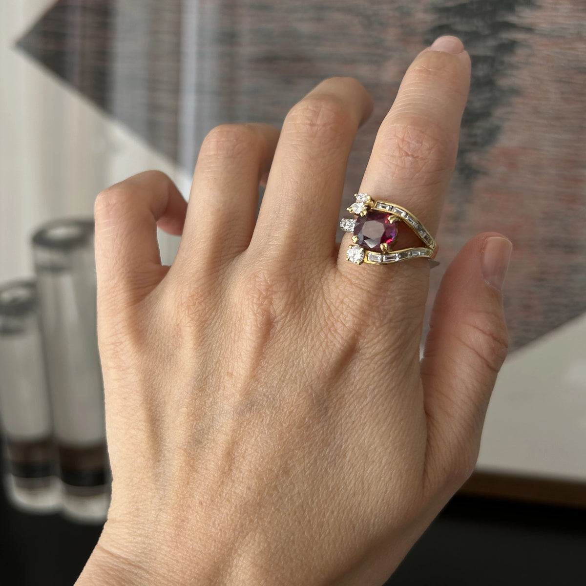 Gold ring with ruby and diamonds, Italy, Alessandria, 1940s.