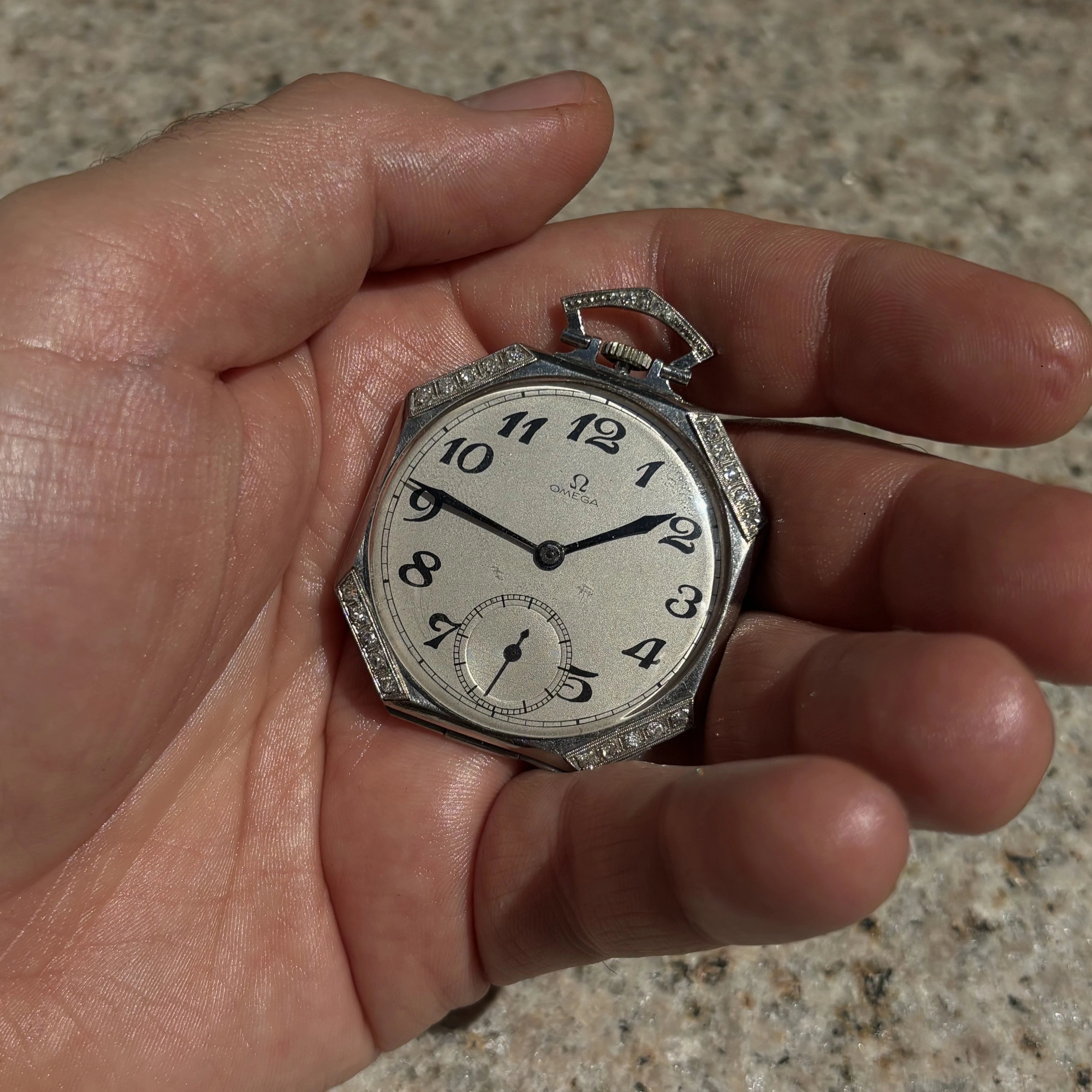 Platinum Omega diamond pocket watch, Art Deco, Swiss Made