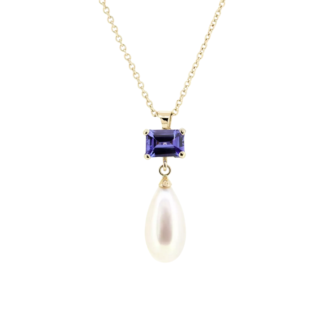Gold pendant with iolite and pearl