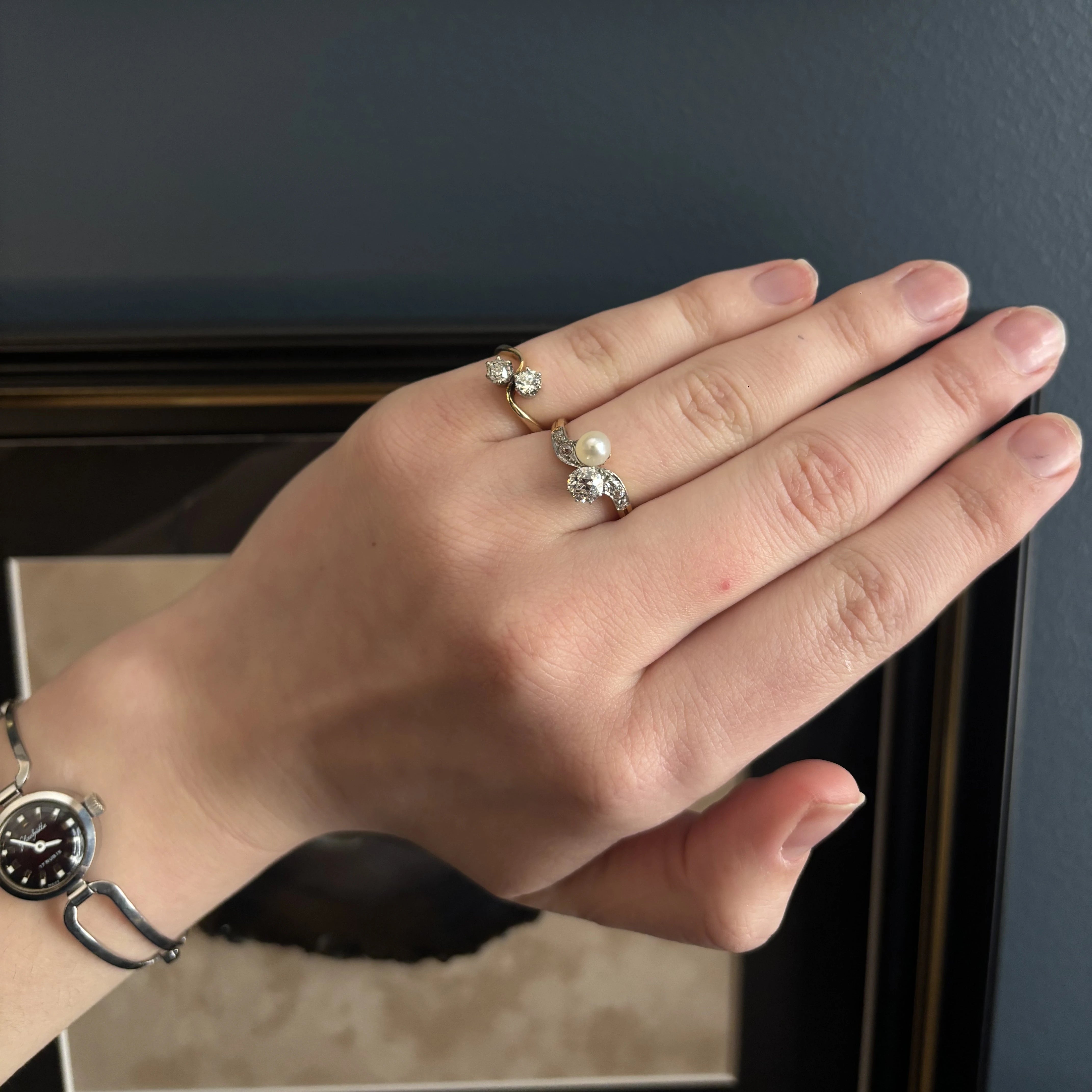 Toi et Moi gold ring with diamonds and a pearl, early 20th century, Paris